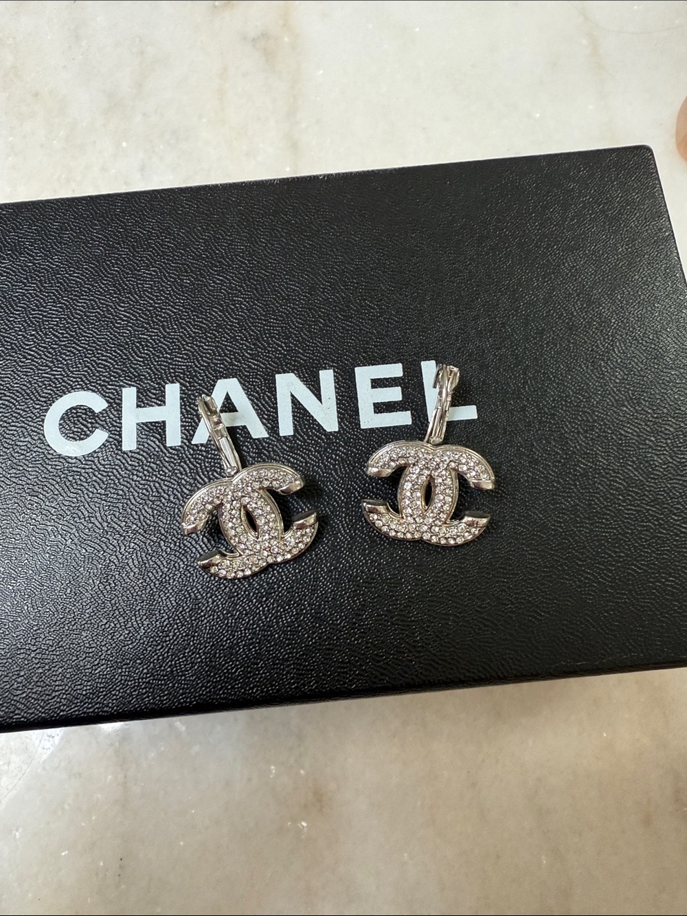 CHANEL Silver CC Crystal Drop Earrings